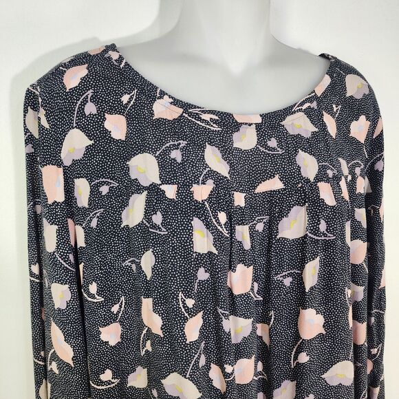 Ann Taylor Loft Blouse Large Floral Dot Black Pink Rayon Pullover Long Sleeve - Picture 7 of 10